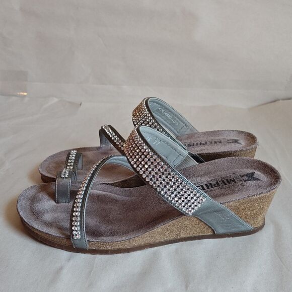 Mephisto Milly Shoes Womens Size 7 Steel Silver Wedge Sandals Rhinestone Straps - Picture 6 of 15